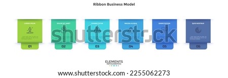 Business model with six rectangular ribbon elements placed in horizontal row. Concept of 6 steps of business strategy. Simple infographic design template. Modern flat vector illustration for banner.