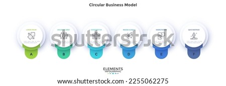 Business model with six paper white round elements or buttons placed in horizontal row. Concept of 6 business options to select. Minimal infographic design template. Modern flat vector illustration.