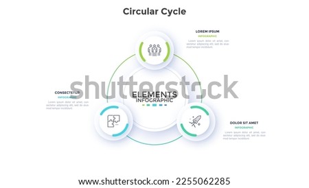 Teamwork and business boosting circular cycle infographic design template. Corporate success strategy building chart with 3 elements. Visual data presentation. Web pages and applications development
