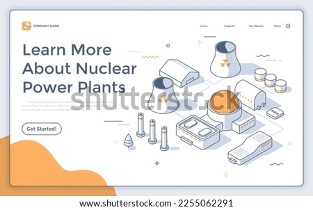 Landing page template with nuclear power plant, cooling towers, factory buildings. Concept of electric energy generation in urban industrial area. Modern isometric vector illustration for website.