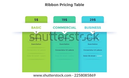 Ribbon pricing table for service choosing infographic chart design. Actual tariffs for customer comparison rectangle infochart. Subscription plan with 3 options. Expenses for service vector template