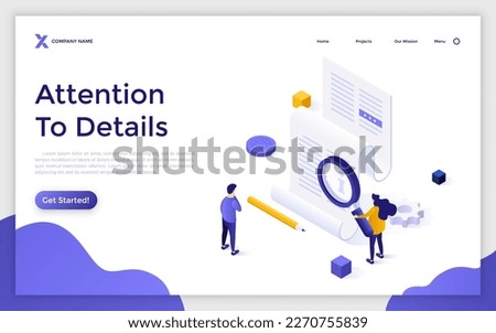 Attention to Details isometric landing page template. Checkout of article before publishing vector illustration for webpage design. Information performance control. Web application development