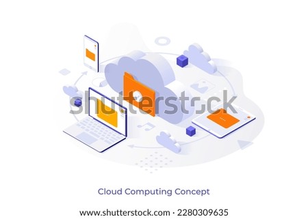 Conceptual template with cloud with folder surrounded by laptop computer, smartphone and tablet PC. Scene for cross-platform app for online files storage. Modern isometric vector illustration.