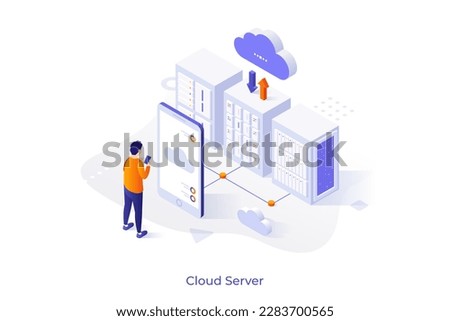 Conceptual template with person using smartphone connected to server racks. Scene for mobile application for cloud storage service to download or upload files. Modern isometric vector illustration.