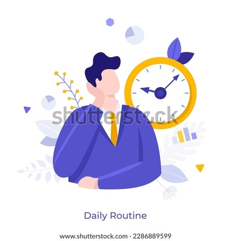 Daily Routine flat concept vector illustration. Bored office employee waiting for shift end. Businessman cartoon character on white background. Creative idea for website, mobile and presentation