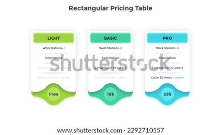 Rectangular Pricing Table performing user tariffs infographic chart design. Visual costs comparison infochart for business. Subscription plan with 3 options. Commercial offers graph vector template
