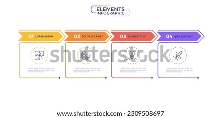 Thin line process business infographic with 4 square template and arrows. Vector illustration. Process timeline with four options, steps or sections.