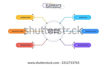 Infographic elements of circular mind-map template for six options, steps. Concept of services types for customers. Modern linear vector illustration for business performance