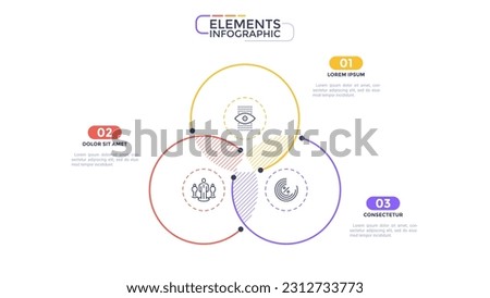 Infographic elements of Venn diagram template with 3 overlayed segments and icons on white background. Modern linear vector illustration for business progress performance. Statistical data report