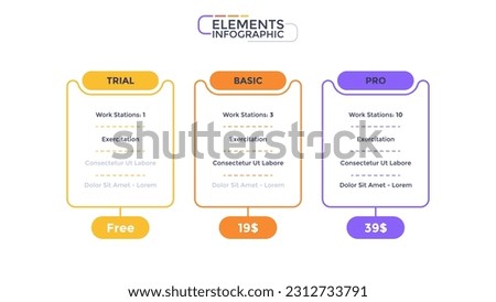 Infographic elements of pricing table with 3 color frames and text on white background. Presentation of various tariffs for system user. Modern linear vector illustration for digital products