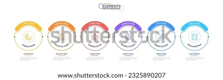Infographic elements of circular choice template with 6 options, steps or processes. Program steps placed in horizontal row. Modern flat vector illustration for visual presentation