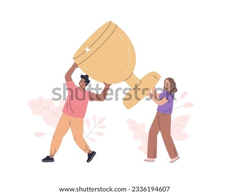 Victory in challenge concept flat vector illustration. Man and woman carrying golden cup. Business success award cartoon composition for web design. Creative idea for website, mobile, presentation