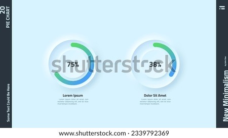Two round pie charts with percentage indication. Concept of comparison of 2 business projects completion progress. Neumorphic infographic design template. Modern vector illustration for banner.