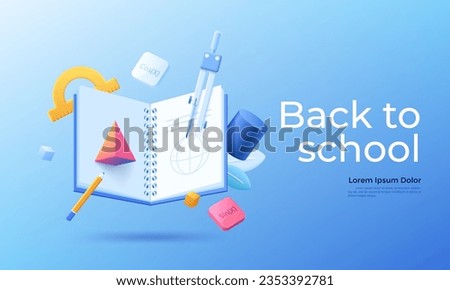 Back to school banner with 3d illustration of textbook, ruler, compass, pencil, geometric shapes. Vector cartoon illustration for brochure, webpage or mobile app