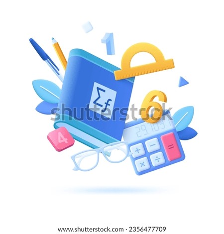 Back to school banner with math or geometry textbook, ruller, calculator, digits, glasses 3d cartoon illustration. Vector concept for website, banner or presentation