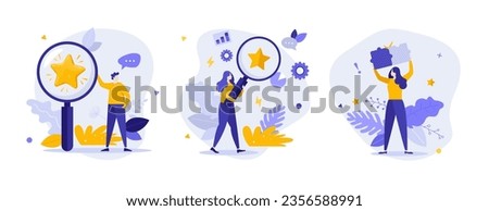 Find best offer flat concept vector illustrations set. Customers seeking products and services online cartoon composition. Add goods to favourite on internet idea for website, mobile, presentation