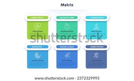 Square matrix chart or table. Six paper colorful rectangular elements with thin line icons and letters inside, text boxes. Clean infographic design template. Vector illustration for presentation.
