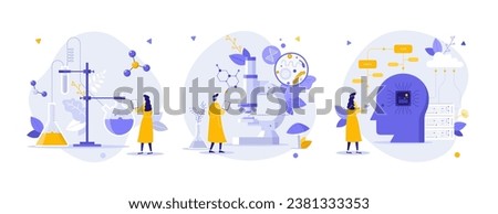 Science and AI technology flat concept vector illustrations set. Chemical research with digital network cartoon composition. Future of scientific tests creative idea for website, presentation