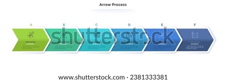 Six paper colorful overlapping arrows placed in horizontal row. Concept of 6 successive steps of progressive business development. Simple infographic design template. Vector illustration.