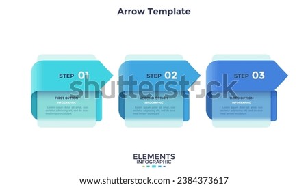 Three paper colorful overlapping arrows placed in horizontal row. Concept of 3 successive steps of progressive business development. Simple infographic design template. Abstract vector illustration.
