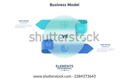 Round chart split into 2 equal parts by arrows. Concept of model with two features of business project to compare. Simple flat infographic vector illustration for analysis, presentation, report.