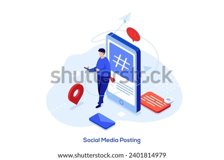 Cross-posting isometric concept vector illustration. Digital marketing, online platform, post planner, social media cross posting, link sharing, smm, repost, post promotion abstract metaphor.