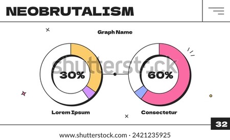 2 connected pie charts with percentage. Pie-chart business diagram y2k trendy design on white background. Circle informative graphic for presentation neobrutalism vector art. Info analytics