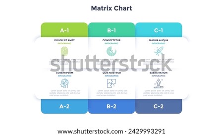 Business and information technology ribbon matrix infographic design template. Commercial strategy and company work vector illustrations with 6 steps. Visual data presentation for banners creation