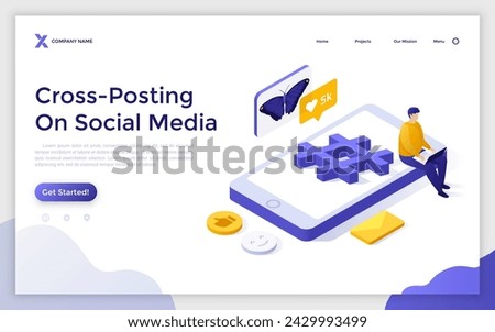 Cross-posting isometric vector landing page. Digital marketing, online platform, post planner, social media cross posting, link sharing, smm, repost, post promotion concept  illustration