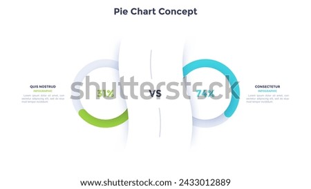 Round ring-like colorful pie charts. Concept of two features of startup development strategy. Simple flat infographic vector illustration for business information visualization.