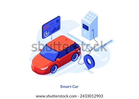 Charging EV at electric energy station marked with map pin. Smart car concept isometric vector illustration. Monitoring automobile condition via mobile app cartoon design colour composition