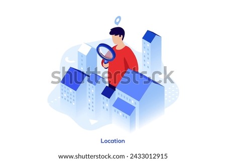 Man looking at dwelling houses through magnifying glass. Navigation in city. Location concept isometric vector illustration. Guy seeking apartment for rent cartoon character colour composition