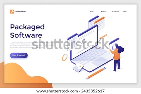Packaged software isometric concept vector illustration. Multiple applications, video and audio editing software, computer user, free download, business implementation, teamwork landing page