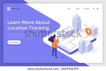 Landing page with woman getting direction to point in city with mobile phone. Location tracking concept isometric vector illustration. Lady choosing shortest road to destination 3d composition