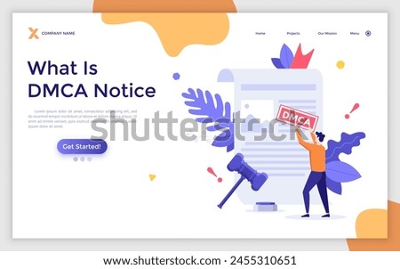 Landing page with Man attaching DMCA notice to legal document, gavel. Concept of intellectual property right infringement notification, copyright infringing material. Modern flat vector illustration