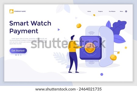 Landing page with person touching smartwatch with dollar coin on screen. Concept of hi-tech electronic device for payment, financial transaction, money transfer. Modern illustration for web banner