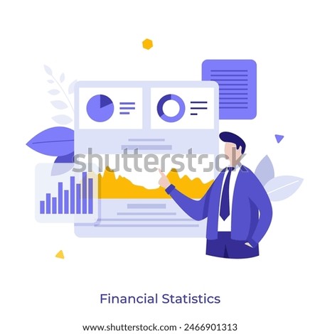 Professional counselor presenting diagram of commercial activity. Financial statistics concept flat vector illustration. Businessman explaining stock market cartoon character color composition