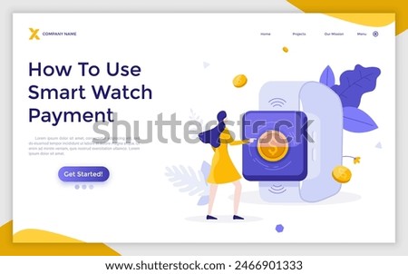 Landing page with woman touching smartwatch with dollar coin on screen. Concept of hi-tech electronic device app for payment, financial transaction, money transfer. Modern illustration for web banner