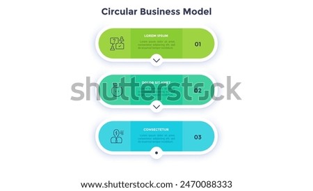 Circular scheme with three round paper elements. Concept of vertical business process with 3 stages. Minimal infographic design template. Modern flat vector illustration for data visualization.