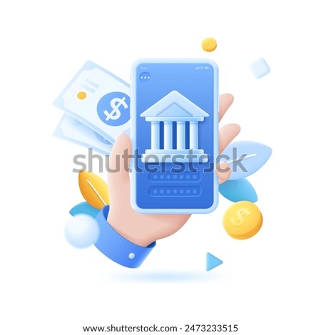 Hand holding mobile phone for bank account access. Easy financial operation on internet. Banking app concept vector illustration. Controlling savings via smartphone 3D cartoon icon