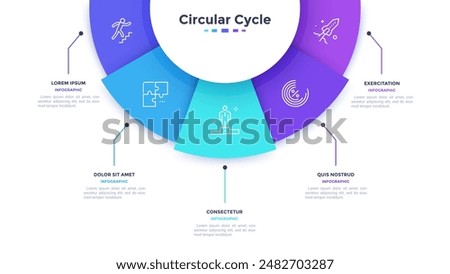 Semicircular pie chart divided into 5 colorful sectors. Concept of five features of startup project to select. Minimal flat infographic vector illustration for business information visualization.