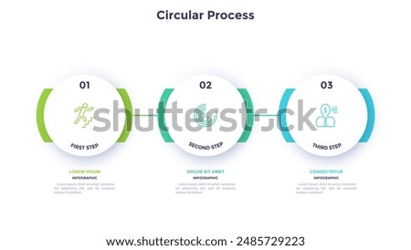 Process chart with three connected paper white circles placed in horizontal row. Concept of 3 stages of startup development. Modern infographic design template. Flat vector illustration for report.