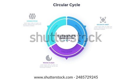 Ring-like pie diagram divided into three sectors with pointers. Concept of 3 features of startup project. Simple flat infographic template. Modern vector illustration for data visualization report.