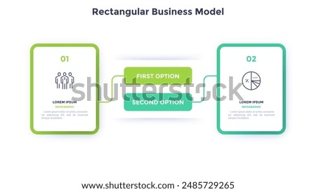 Rectangular comparison diagram divided into 2 parts. Concept of business model with two options to choose or select. Modern flat infographic vector illustration for data visualization, presentation.