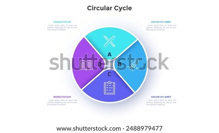 Circular pie diagram divided into 4 colorful sectors. Concept of four parts of startup project development strategy. Simple flat infographic vector illustration for statistical information analysis.