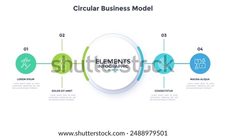 Four circles connected to main circular element. Concept of 4 features of business project to compare. Simple flat infographic vector illustration for information analysis, presentation, report.