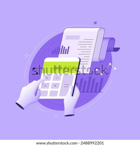 Invoice with hands holding calculator on purple background. Taxes payment and accounting 3D linear illustration concept. Financial activity control metaphor abstract flat vector graphic