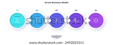 Five round elements placed in horizontal row and connected by arrows. Concept of 5 successive stages of business career development. Modern flat vector illustration for data analysis, presentation.