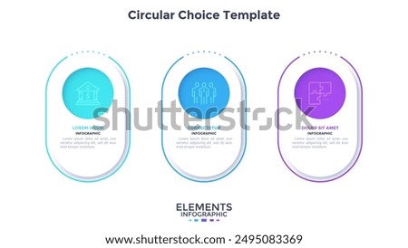 Process diagram with three rounded elements placed in horizontal row. Concept of 3 features of business project. Simple infographic design template. Modern flat vector illustration for data report.