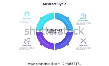 Ring-like pie diagram divided into 4 pieces. Concept of four parts of startup project development process. Simple infographic design template. Modern flat vector illustration for data visualization.